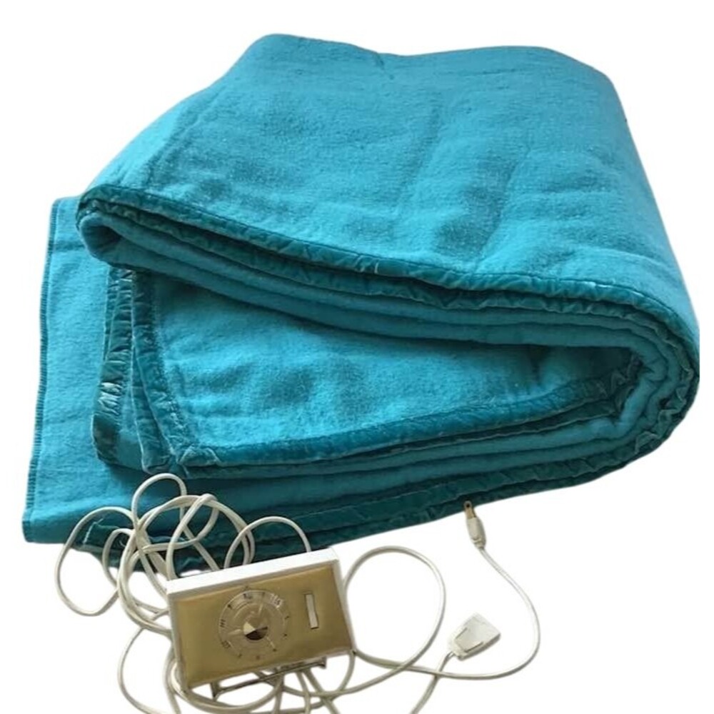 Style Home Automatic Electric Blanket Teal Velvet Trim 79 x 88 Full Queen Vtg
